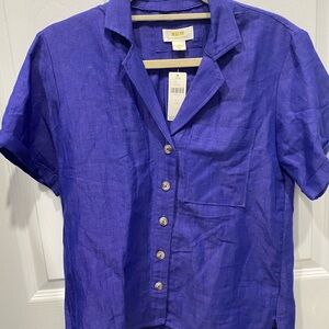 Anthropologie Womens Vibrant Blue Button Down Linen/Cotton Shirt